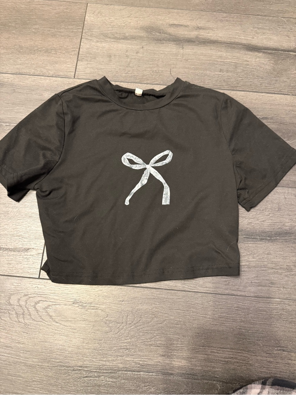 Black Cropped Tee with White Bow Graphic